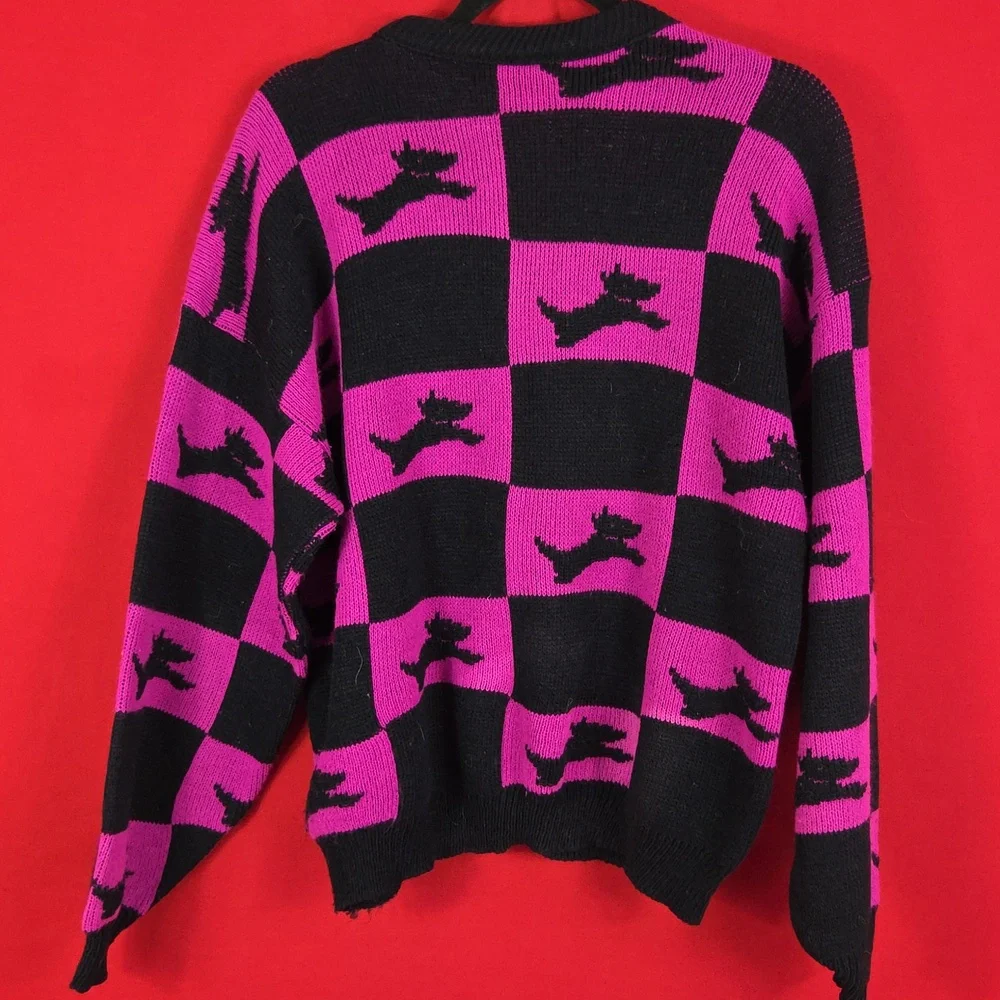 VINTAGE‎ Checkered Dog Sweater Fuchsia Black Womens Size Medium - Picture 4 of 5